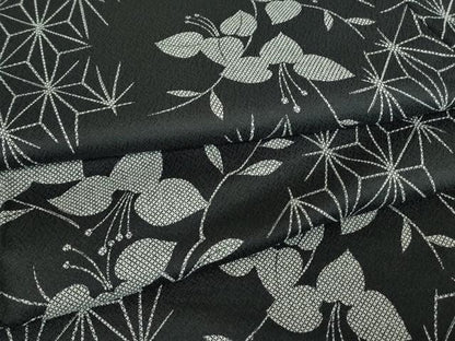 平和屋着物▽小紋　単衣　麻の葉花文　黒地　洗える着物　DABE4853az