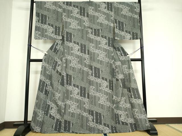 平和屋着物▽小紋　単衣　飛鳥宝尽くし花文　黒地　洗える着物　DABE4861az