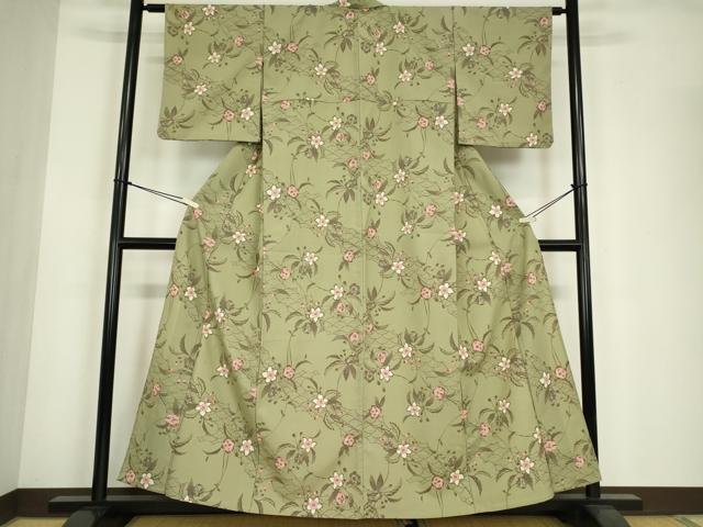 平和屋着物▽小紋　単衣　型染　草花文　洗える着物　DABE4865az