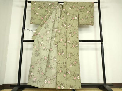 平和屋着物▽小紋　単衣　型染　草花文　洗える着物　DABE4865az