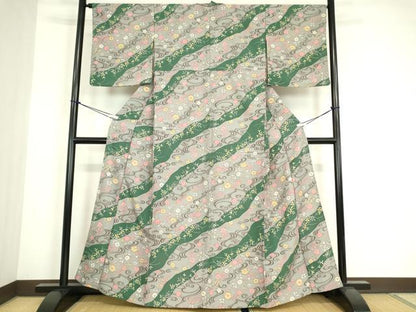 平和屋着物▽小紋　単衣　流水花文　洗える着物　DABE4870az