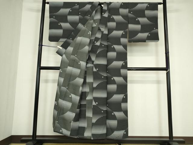 平和屋着物▽小紋　単衣　幾何学文　黒地　洗える着物　DABE4872az