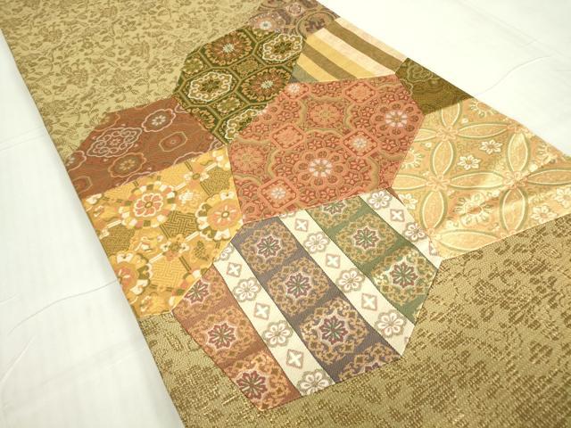 平和屋着物▼太鼓柄袋帯　切嵌め　正倉院花文　金糸　正絹　逸品　DABE4880az