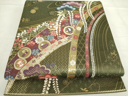 平和屋着物▼六通柄袋帯　唐織　宝尽くし花松文　金糸　正絹　逸品　DABE4881az