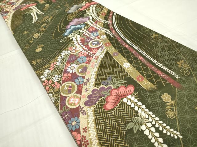 平和屋着物▼六通柄袋帯　唐織　宝尽くし花松文　金糸　正絹　逸品　DABE4881az