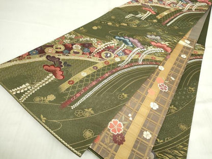 平和屋着物▼六通柄袋帯　唐織　宝尽くし花松文　金糸　正絹　逸品　DABE4881az