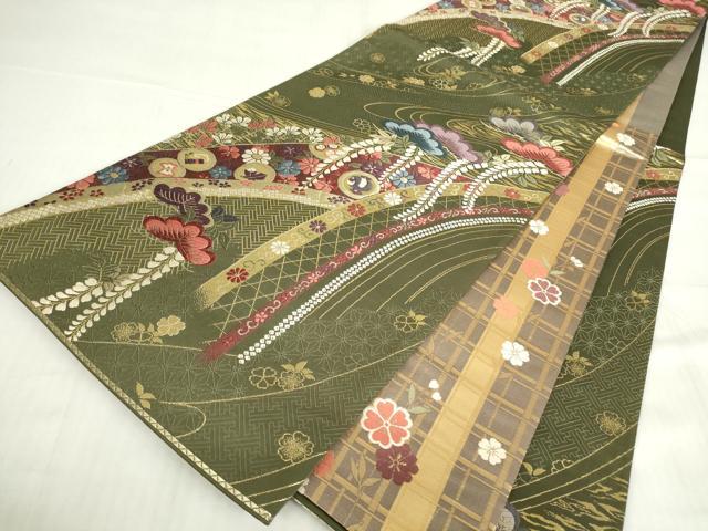 平和屋着物▼六通柄袋帯　唐織　宝尽くし花松文　金糸　正絹　逸品　DABE4881az