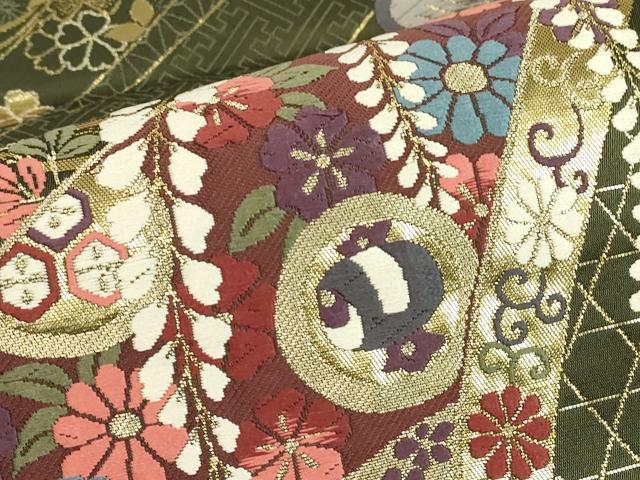 平和屋着物▼六通柄袋帯　唐織　宝尽くし花松文　金糸　正絹　逸品　DABE4881az