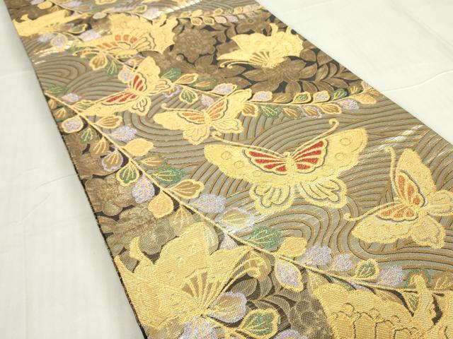 平和屋着物▼両面　六通柄袋帯　流水舞蝶花文　金糸　正絹　逸品　DABE4886az