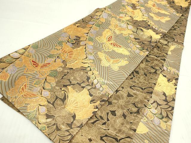平和屋着物▼両面　六通柄袋帯　流水舞蝶花文　金糸　正絹　逸品　DABE4886az