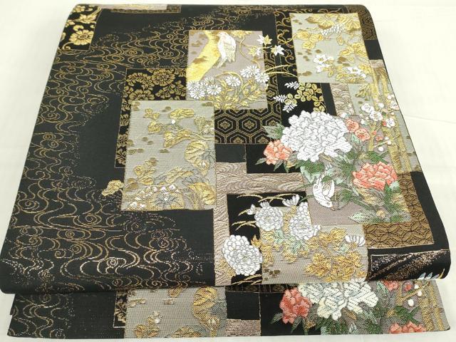 平和屋着物▼六通柄袋帯　色紙花鳥文　黒地　金糸　正絹　逸品　DABE4888az