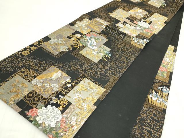 平和屋着物▼六通柄袋帯　色紙花鳥文　黒地　金糸　正絹　逸品　DABE4888az