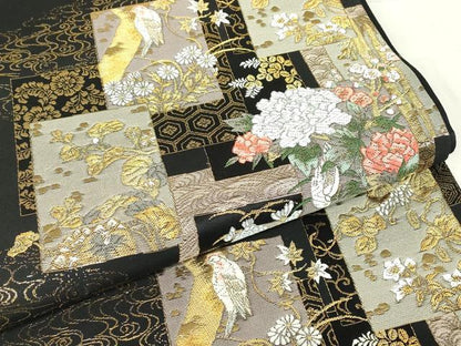 平和屋着物▼六通柄袋帯　色紙花鳥文　黒地　金糸　正絹　逸品　DABE4888az