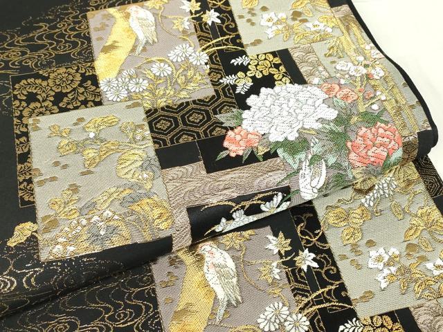平和屋着物▼六通柄袋帯　色紙花鳥文　黒地　金糸　正絹　逸品　DABE4888az
