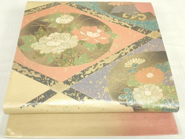 平和屋着物▼太鼓柄袋帯　螺鈿箔　天井菊牡丹文　金彩　正絹　逸品　DABE4892az