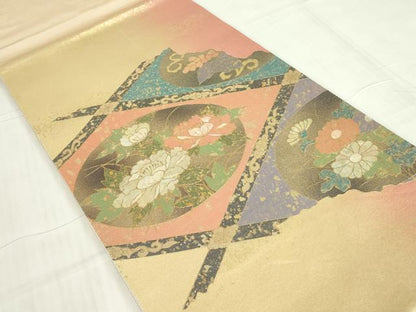 平和屋着物▼太鼓柄袋帯　螺鈿箔　天井菊牡丹文　金彩　正絹　逸品　DABE4892az