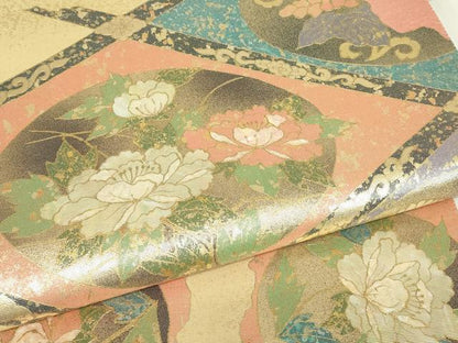平和屋着物▼太鼓柄袋帯　螺鈿箔　天井菊牡丹文　金彩　正絹　逸品　DABE4892az