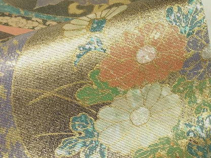平和屋着物▼太鼓柄袋帯　螺鈿箔　天井菊牡丹文　金彩　正絹　逸品　DABE4892az