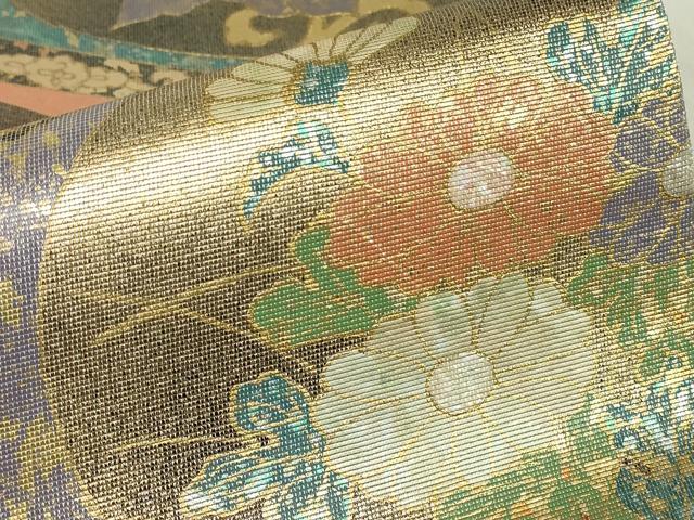 平和屋着物▼太鼓柄袋帯　螺鈿箔　天井菊牡丹文　金彩　正絹　逸品　DABE4892az
