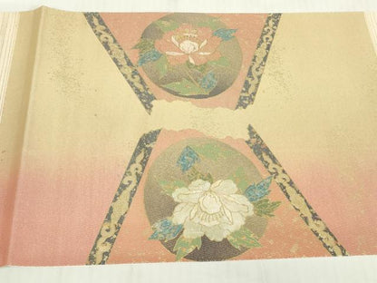 平和屋着物▼太鼓柄袋帯　螺鈿箔　天井菊牡丹文　金彩　正絹　逸品　DABE4892az