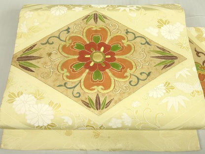 平和屋着物▼九寸名古屋帯 駒刺繍 菱花文 金糸 正絹 逸品 DABE4901az