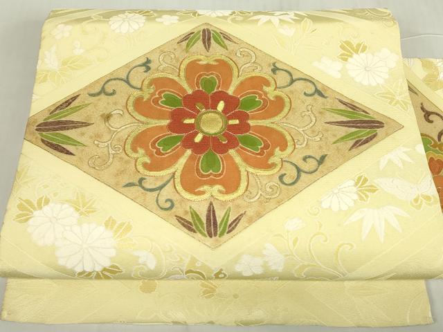 平和屋着物▼九寸名古屋帯 駒刺繍 菱花文 金糸 正絹 逸品 DABE4901az