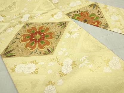 平和屋着物▼九寸名古屋帯 駒刺繍 菱花文 金糸 正絹 逸品 DABE4901az