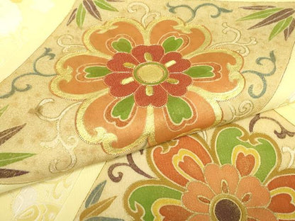 平和屋着物▼九寸名古屋帯 駒刺繍 菱花文 金糸 正絹 逸品 DABE4901az