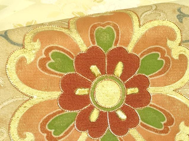 平和屋着物▼九寸名古屋帯 駒刺繍 菱花文 金糸 正絹 逸品 DABE4901az