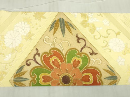 平和屋着物▼九寸名古屋帯 駒刺繍 菱花文 金糸 正絹 逸品 DABE4901az