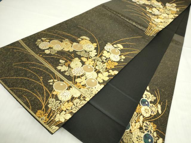 平和屋着物▼六通柄袋帯 螺鈿箔 菊文 金糸 正絹 逸品 DABE4917az