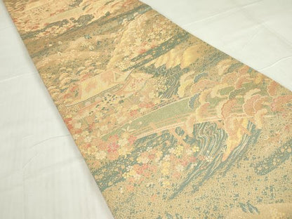 平和屋着物▼六通柄袋帯 古代はく 渡り橋花松文 金糸 正絹 逸品 DABE4920az