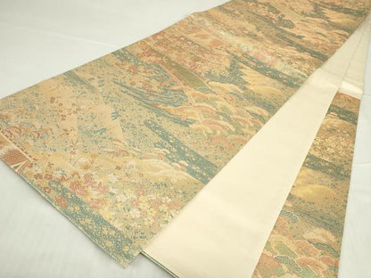 平和屋着物▼六通柄袋帯 古代はく 渡り橋花松文 金糸 正絹 逸品 DABE4920az