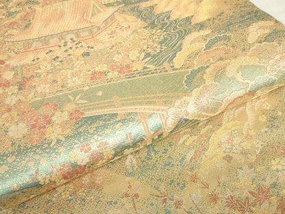 平和屋着物▼六通柄袋帯 古代はく 渡り橋花松文 金糸 正絹 逸品 DABE4920az