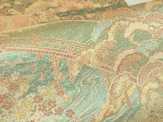 平和屋着物▼六通柄袋帯 古代はく 渡り橋花松文 金糸 正絹 逸品 DABE4920az