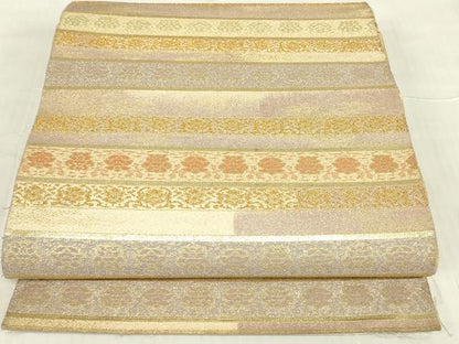 平和屋着物▼六通柄袋帯 横段花文 金糸 正絹 逸品 DABE4925az