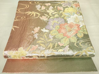 平和屋着物▼六通柄袋帯 草花文 金糸 正絹 逸品 DABE4926az
