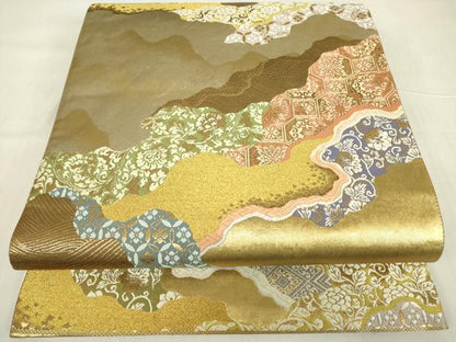 平和屋着物▼六通柄袋帯 道長花唐草文 金糸 引箔 正絹 逸品 DABE4932az