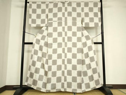 平和屋着物▽上質な小紋　単衣　墨流し市松文　正絹　逸品　DABE4948az