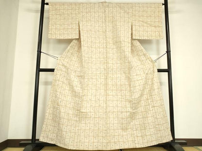 平和屋着物▽上質な紬　単衣　絣格子文　正絹　逸品　DABE4954az