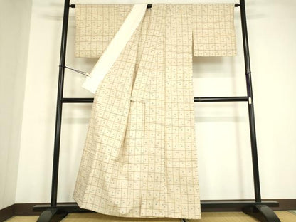 平和屋着物▽上質な紬　単衣　絣格子文　正絹　逸品　DABE4954az