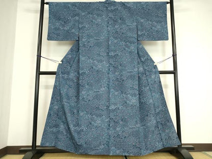 平和屋着物▽小紋　単衣　亀甲花文　洗える着物　DABE4962az