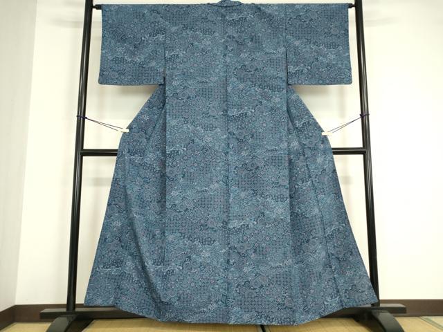 平和屋着物▽小紋　単衣　亀甲花文　洗える着物　DABE4962az