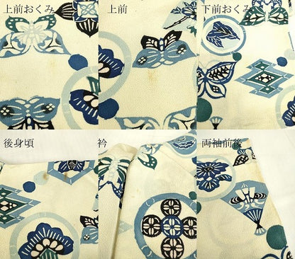 平和屋着物▽上質な小紋　単衣　藍　型染め　舞蝶花文　正絹　逸品　DABE4972az