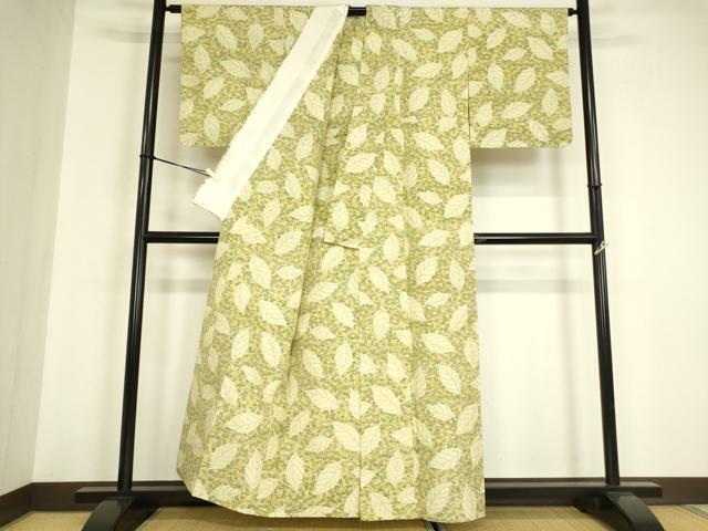 平和屋着物▽上質な紬　単衣　舞葉文　正絹　逸品　DABE4977az