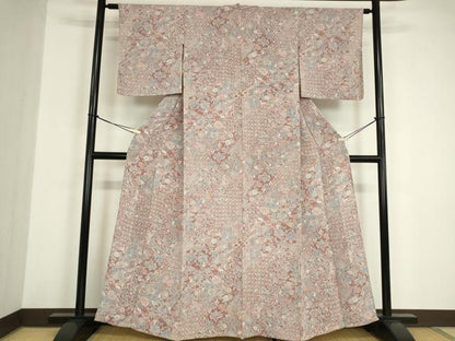 平和屋着物▽上質な小紋　単衣　作家物　天平更紗　鬼しぼ縮緬　反端付き　正絹　逸品　DABE4979az