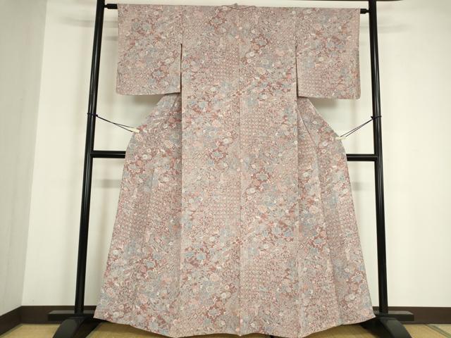 平和屋着物▽上質な小紋　単衣　作家物　天平更紗　鬼しぼ縮緬　反端付き　正絹　逸品　DABE4979az