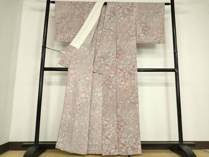平和屋着物▽上質な小紋　単衣　作家物　天平更紗　鬼しぼ縮緬　反端付き　正絹　逸品　DABE4979az