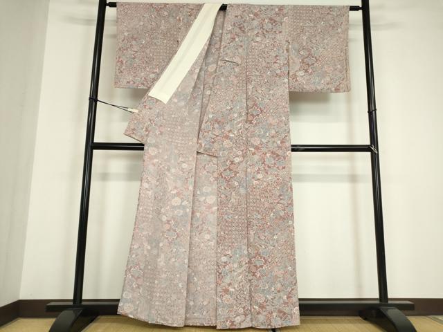 平和屋着物▽上質な小紋　単衣　作家物　天平更紗　鬼しぼ縮緬　反端付き　正絹　逸品　DABE4979az