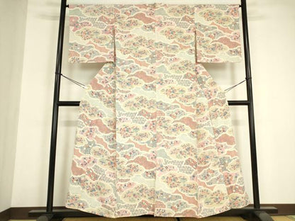 平和屋着物▽上質な小紋　単衣　創作民芸小紋　鳳凰風景花文　反端付き　正絹　逸品　DABE4983az